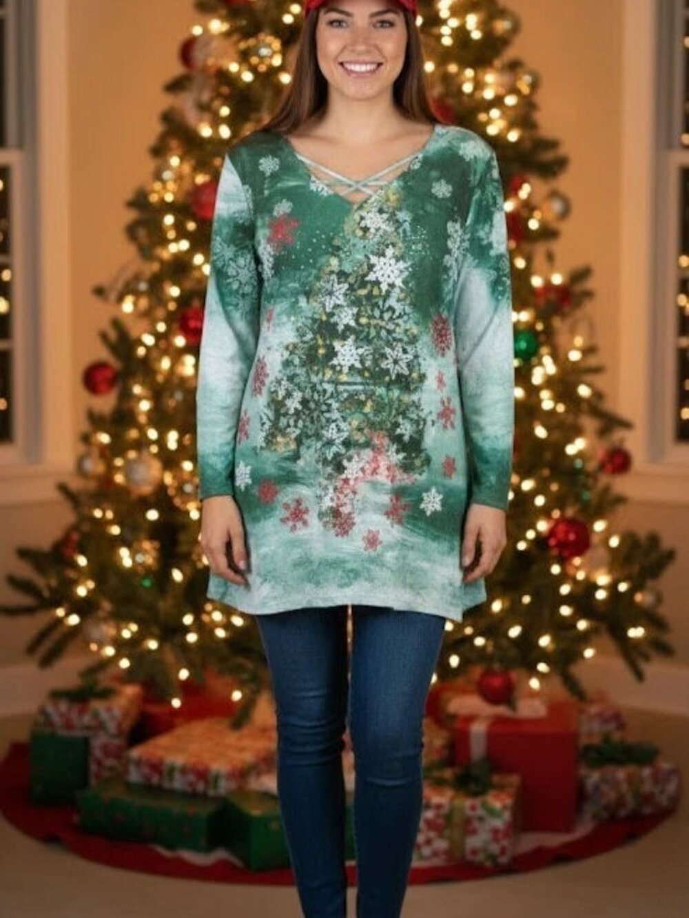 ONE WORLD LIVE & LET LIVE WOMENS CHRISTMAS TREE SWING SHIRT